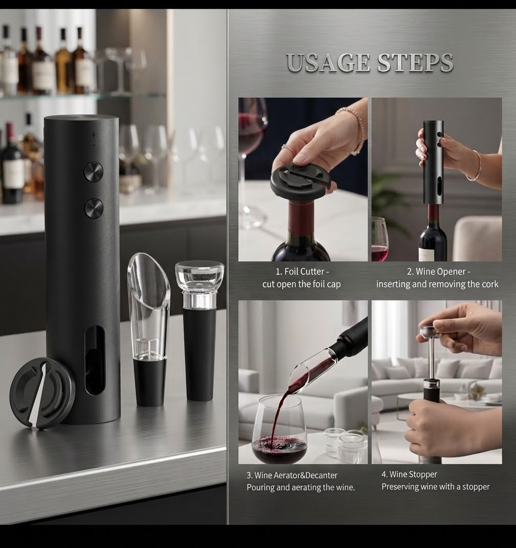 Electric Wine Opener Set – 4-Piece Gift Set
